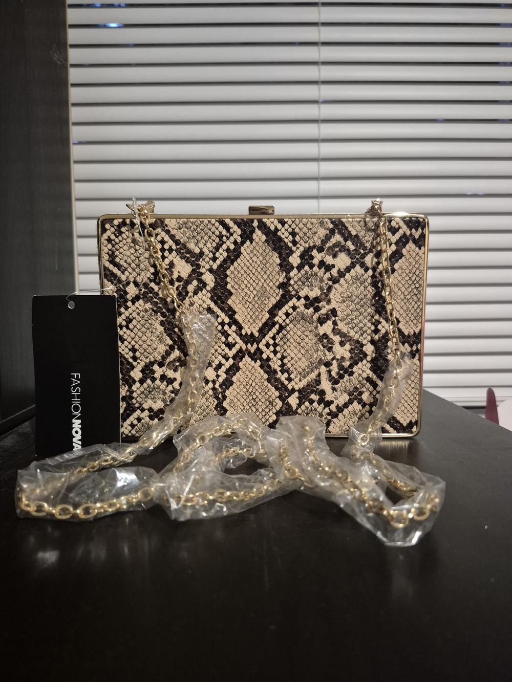 Fashion Nova Snake-Print Box Clutch in Cream and Black with Gold Chain